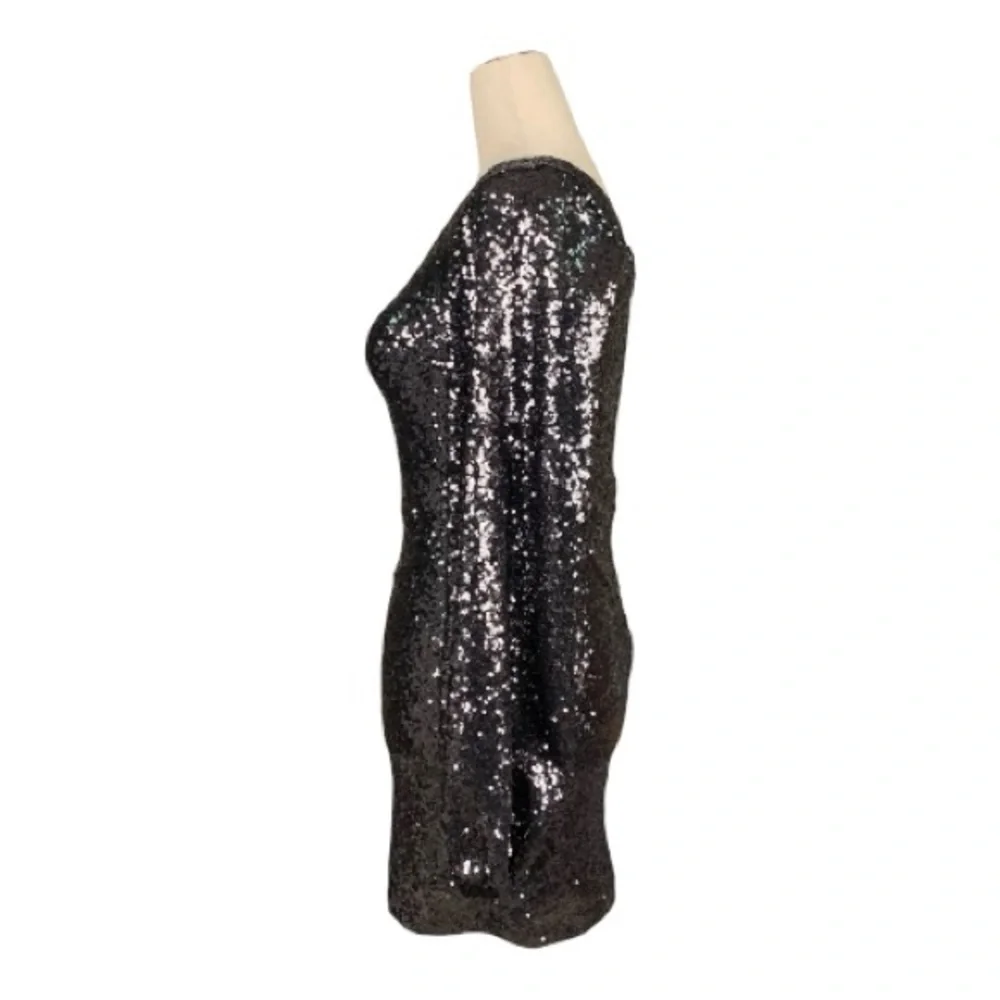 Hello Molly One Shoulder Sequin Black Mini Party Dress Bodycon Cocktail Size Med - Picture 2 of 12